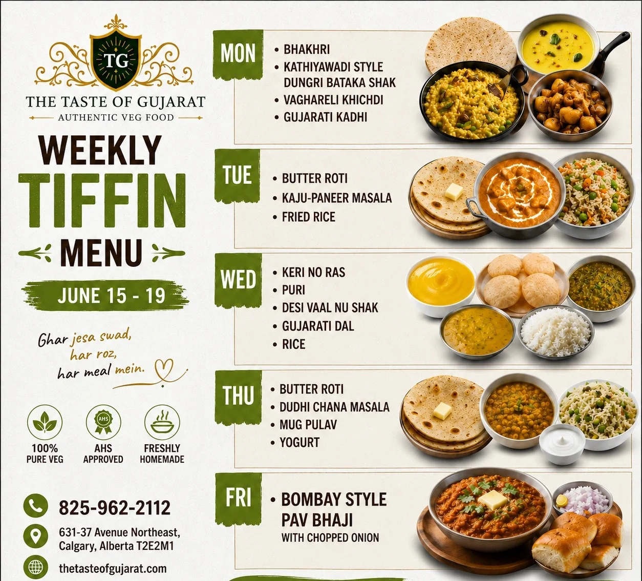 Weekly Tiffin Menu - 1st to 5th June 2026 at The Taste of Gujarat Calgary